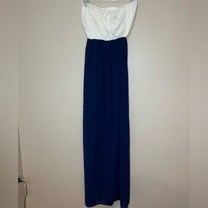 Love by Chelsey Navy Blue Sheer Mesh Open Back Strapless Maxi Dress- Small